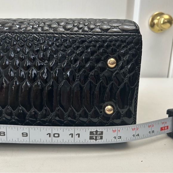 Elegant Black Textured Handbag Purse Structured Shoulder Bag Patent Faux Leather - Picture 9 of 16